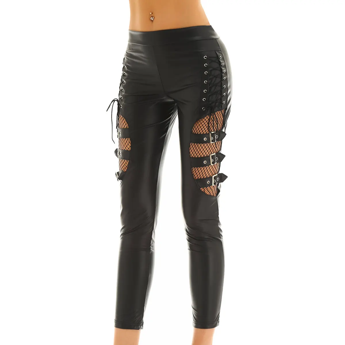Women Pants Wet Look Faux Leather Mid Waist Fishnet Splice Thigh with Buckles Decoration Side Lace Up Stretchy Legging Trousers