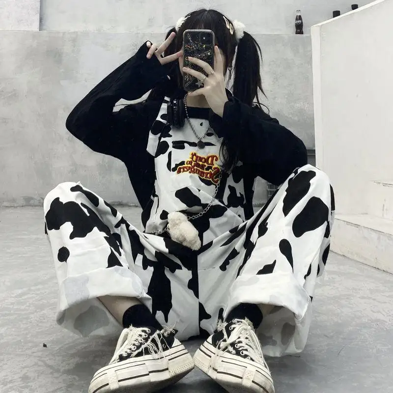 2025 Streetwear Jumpsuit Pants Women Cow Print Woman Overalls Casual Baggy Trousers Y2k Pant