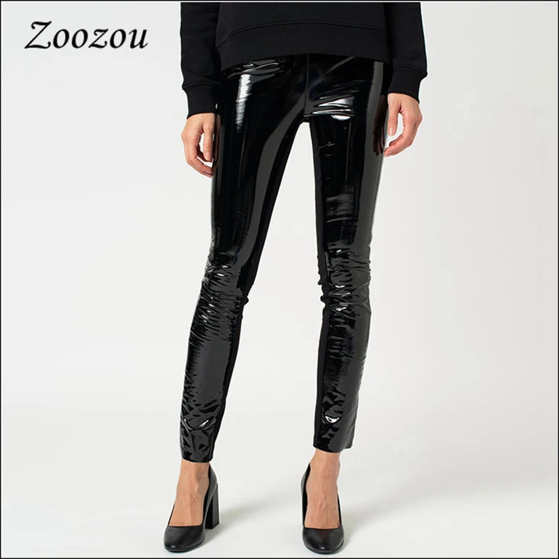 Women Plus Size Shiny Patent Leather Skinny Pants Button Zipper PU Slim Sexy Pencil Pant Nightclub Trouser New Custom Streetwear