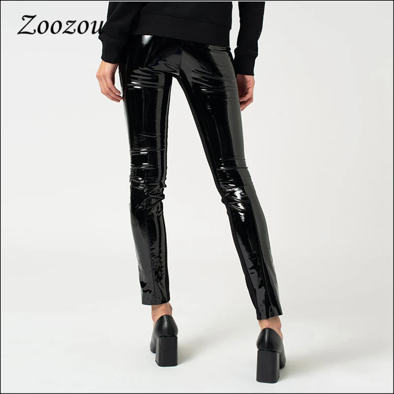 Women Plus Size Shiny Patent Leather Skinny Pants Button Zipper PU Slim Sexy Pencil Pant Nightclub Trouser New Custom Streetwear