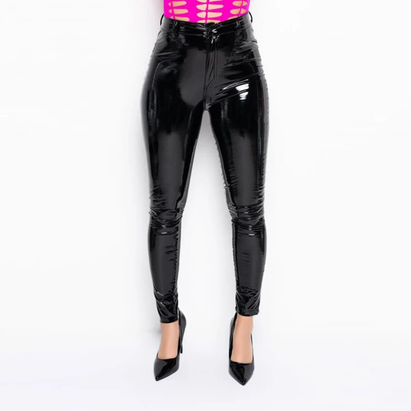 Women Plus Size Shiny Patent Leather Skinny Pants Button Zipper PU Slim Sexy Pencil Pant Nightclub Trouser New Custom Streetwear