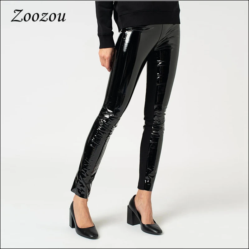Women Plus Size Shiny Patent Leather Skinny Pants Button Zipper PU Slim Sexy Pencil Pant Nightclub Trouser New Custom Streetwear