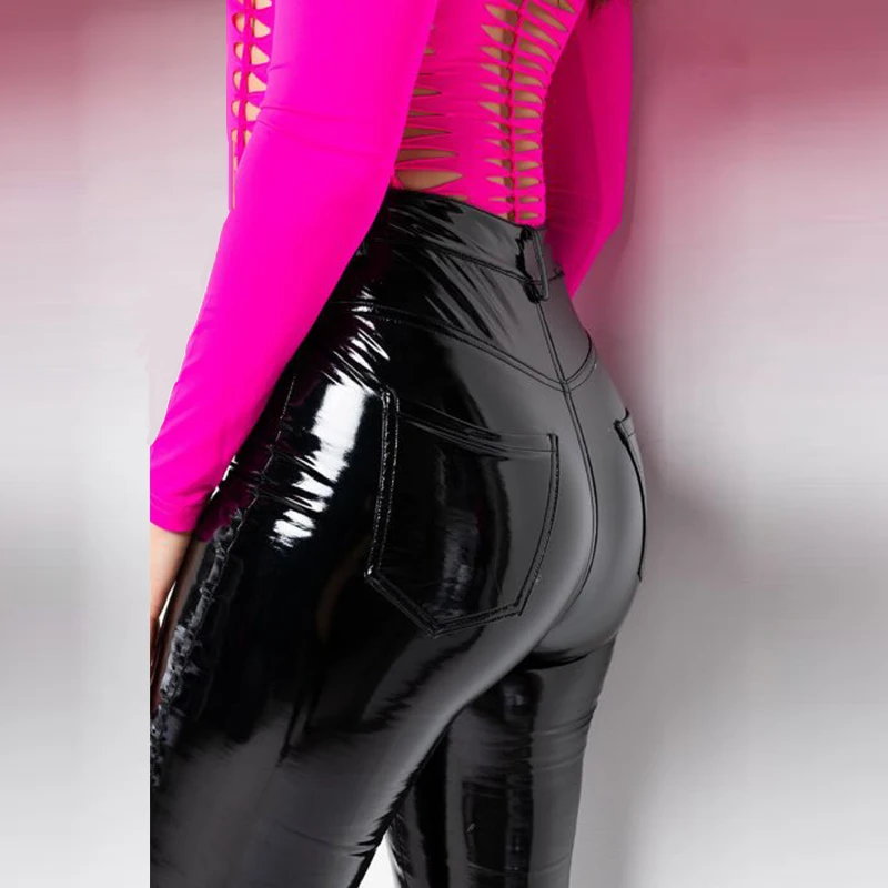 Women Plus Size Shiny Patent Leather Skinny Pants Button Zipper PU Slim Sexy Pencil Pant Nightclub Trouser New Custom Streetwear