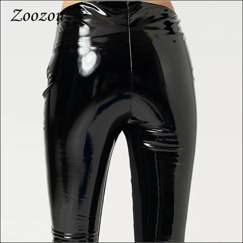 Women Plus Size Shiny Patent Leather Skinny Pants Button Zipper PU Slim Sexy Pencil Pant Nightclub Trouser New Custom Streetwear