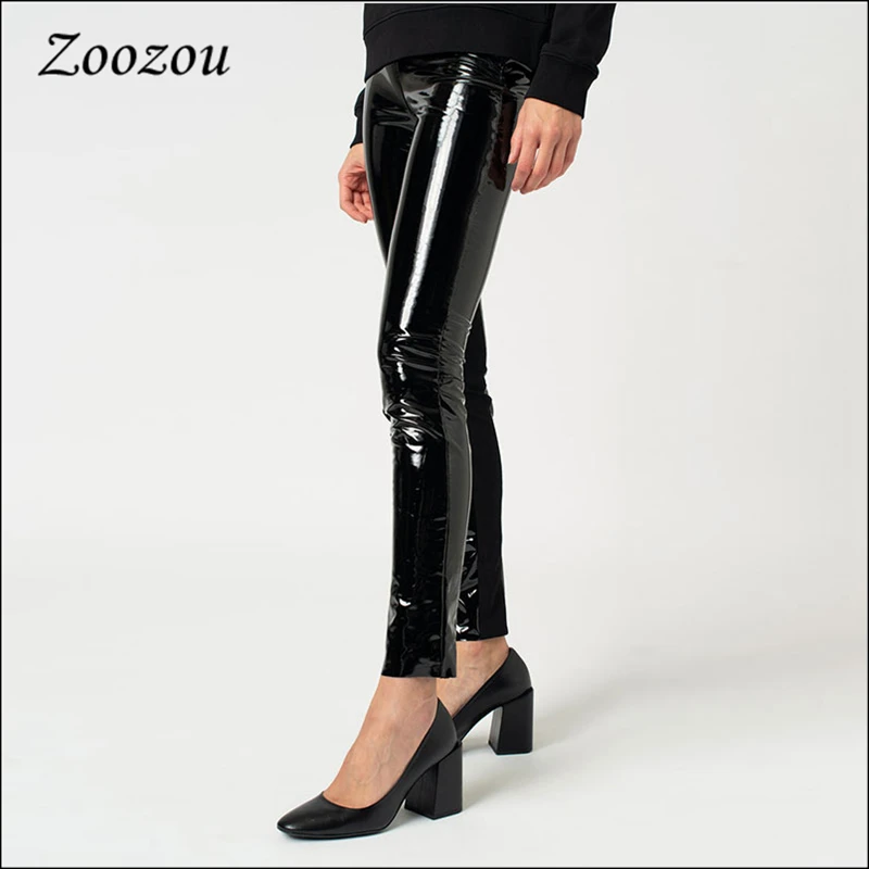 Women Plus Size Shiny Patent Leather Skinny Pants Button Zipper PU Slim Sexy Pencil Pant Nightclub Trouser New Custom Streetwear