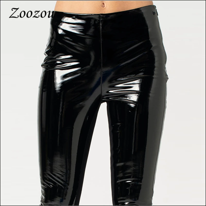 Women Plus Size Shiny Patent Leather Skinny Pants Button Zipper PU Slim Sexy Pencil Pant Nightclub Trouser New Custom Streetwear