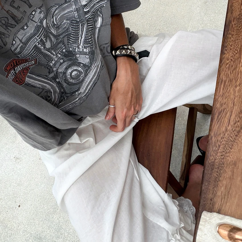 Linad Vintage White Embroidery Wide Leg Pants 2026 Elegant Lace Elastic Waist Layer Long Pants Street Chic Cotton Loose Trousers