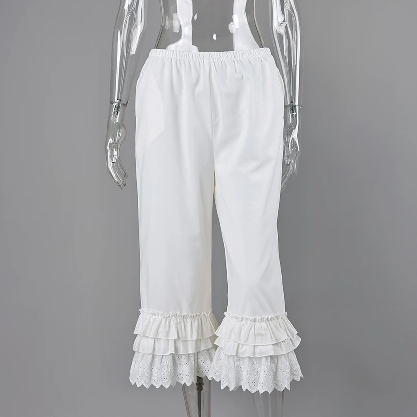 Linad Vintage White Embroidery Wide Leg Pants 2026 Elegant Lace Elastic Waist Layer Long Pants Street Chic Cotton Loose Trousers