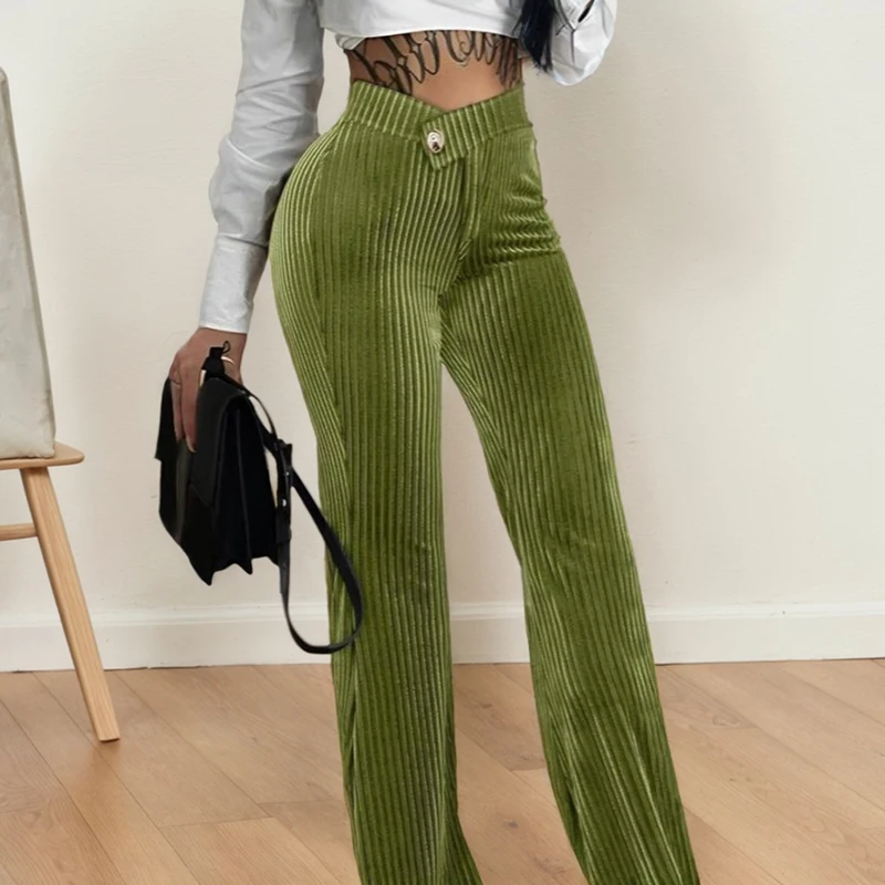 Vertical Striped Palazzo Pants Female Elastic High Waisted Flare Trouser Elegant Ribbed Velvet Long Pants Summer Streetwear