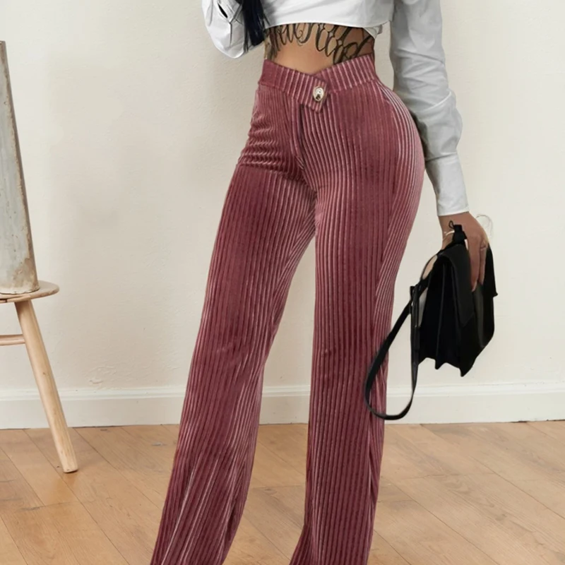 Vertical Striped Palazzo Pants Female Elastic High Waisted Flare Trouser Elegant Ribbed Velvet Long Pants Summer Streetwear