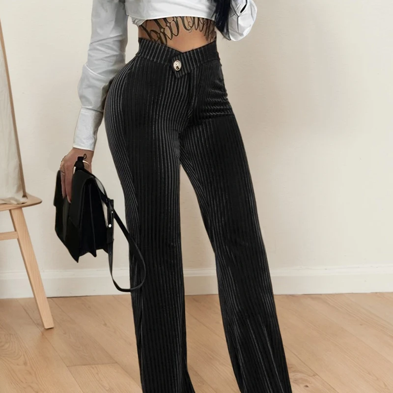 Vertical Striped Palazzo Pants Female Elastic High Waisted Flare Trouser Elegant Ribbed Velvet Long Pants Summer Streetwear