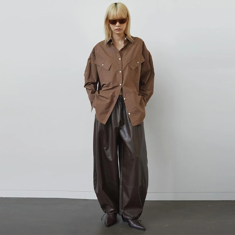 Fashion Women's Pants Middle Elastic Waist Lantern Loose Leather Solid Female Tousers 1015 Autumn Chic High Street Lady Outwears