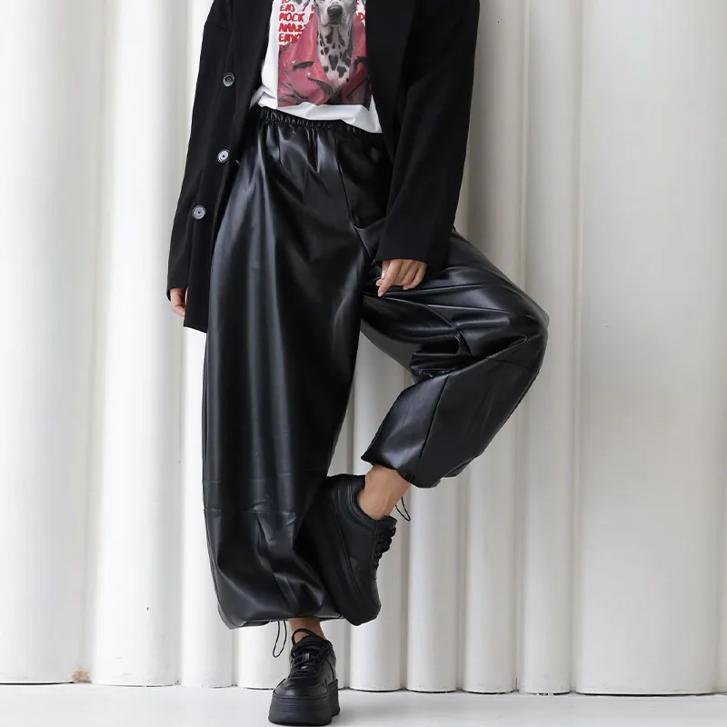 Fashion Women's Pants Middle Elastic Waist Lantern Loose Leather Solid Female Tousers 1015 Autumn Chic High Street Lady Outwears