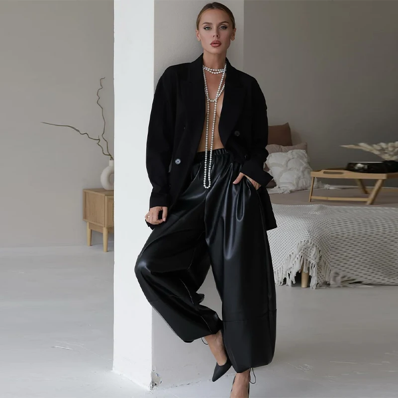Fashion Women's Pants Middle Elastic Waist Lantern Loose Leather Solid Female Tousers 1015 Autumn Chic High Street Lady Outwears