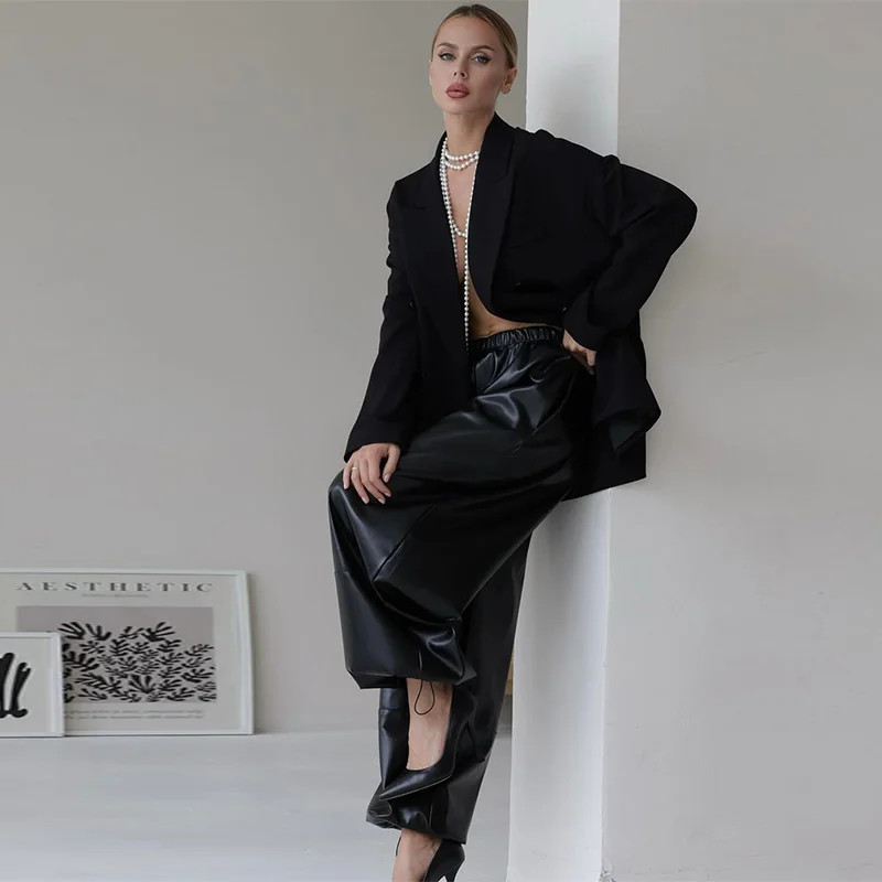 Fashion Women's Pants Middle Elastic Waist Lantern Loose Leather Solid Female Tousers 1015 Autumn Chic High Street Lady Outwears