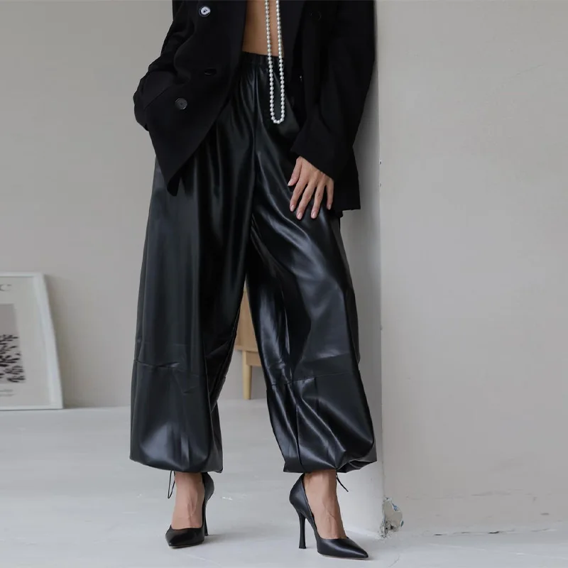 Fashion Women's Pants Middle Elastic Waist Lantern Loose Leather Solid Female Tousers 1015 Autumn Chic High Street Lady Outwears