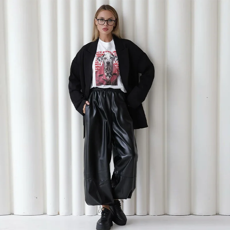 Fashion Women's Pants Middle Elastic Waist Lantern Loose Leather Solid Female Tousers 1015 Autumn Chic High Street Lady Outwears