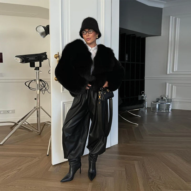 Fashion Women's Pants Middle Elastic Waist Lantern Loose Leather Solid Female Tousers 1015 Autumn Chic High Street Lady Outwears