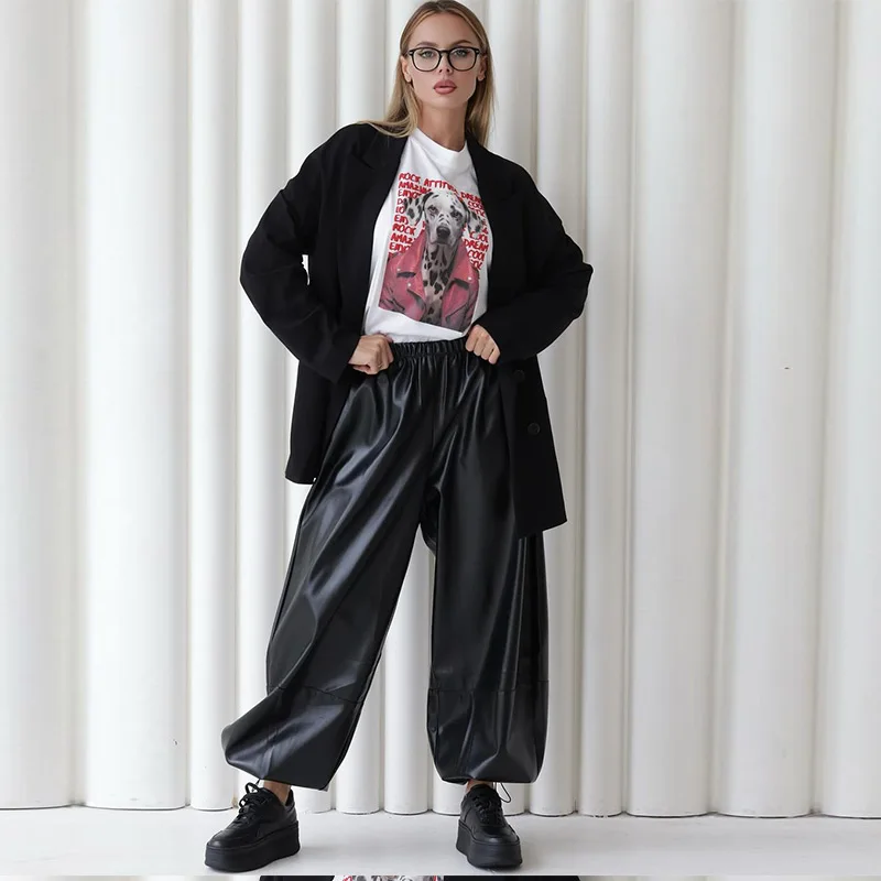 Fashion Women's Pants Middle Elastic Waist Lantern Loose Leather Solid Female Tousers 1015 Autumn Chic High Street Lady Outwears