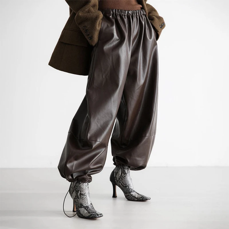 Fashion Women's Pants Middle Elastic Waist Lantern Loose Leather Solid Female Tousers 1015 Autumn Chic High Street Lady Outwears