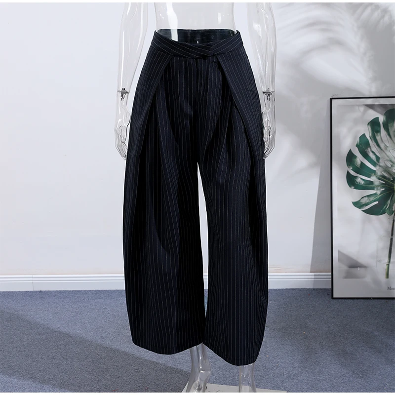 Women's Oversized Pinstripe Wide Leg Pants Vintage High Waist Wrap Front Tailored Baggy Trousers 2025 New Casual Chic Streetwear