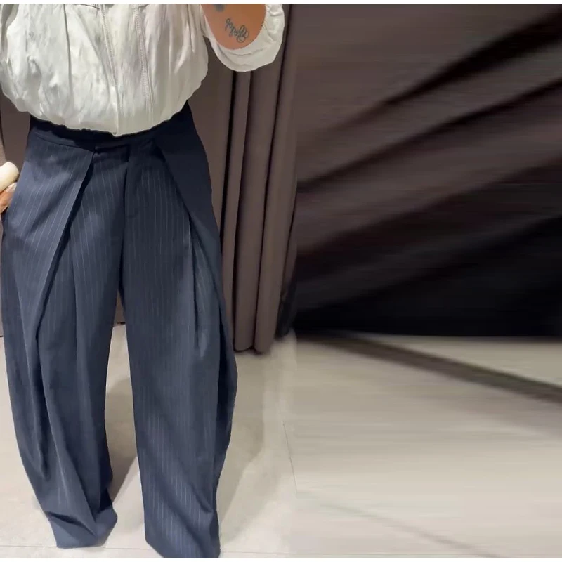 Women's Oversized Pinstripe Wide Leg Pants Vintage High Waist Wrap Front Tailored Baggy Trousers 2025 New Casual Chic Streetwear