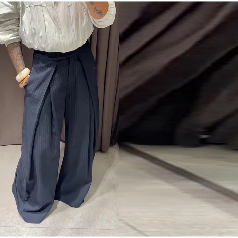 Women's Oversized Pinstripe Wide Leg Pants Vintage High Waist Wrap Front Tailored Baggy Trousers 2025 New Casual Chic Streetwear