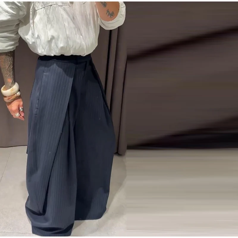 Women's Oversized Pinstripe Wide Leg Pants Vintage High Waist Wrap Front Tailored Baggy Trousers 2025 New Casual Chic Streetwear