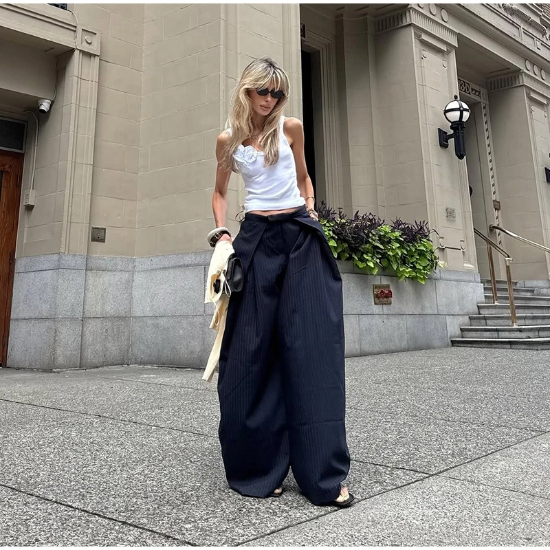 Women's Oversized Pinstripe Wide Leg Pants Vintage High Waist Wrap Front Tailored Baggy Trousers 2025 New Casual Chic Streetwear