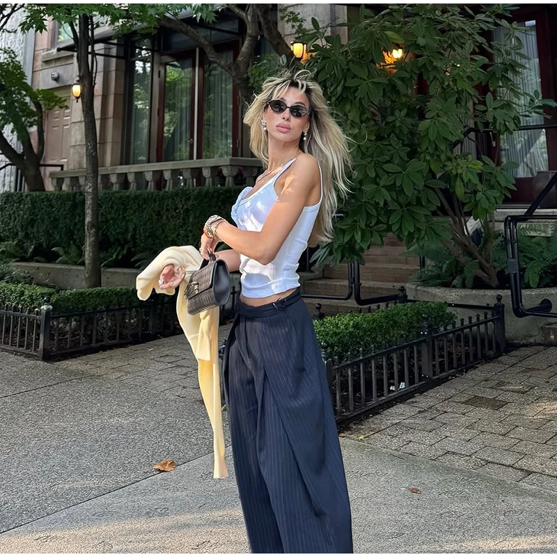 Women's Oversized Pinstripe Wide Leg Pants Vintage High Waist Wrap Front Tailored Baggy Trousers 2025 New Casual Chic Streetwear