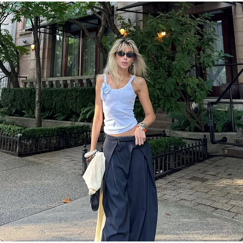 Women's Oversized Pinstripe Wide Leg Pants Vintage High Waist Wrap Front Tailored Baggy Trousers 2025 New Casual Chic Streetwear