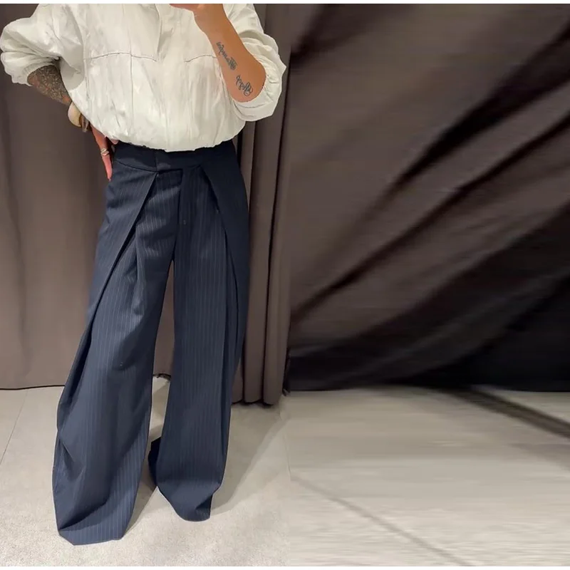 Women's Oversized Pinstripe Wide Leg Pants Vintage High Waist Wrap Front Tailored Baggy Trousers 2025 New Casual Chic Streetwear