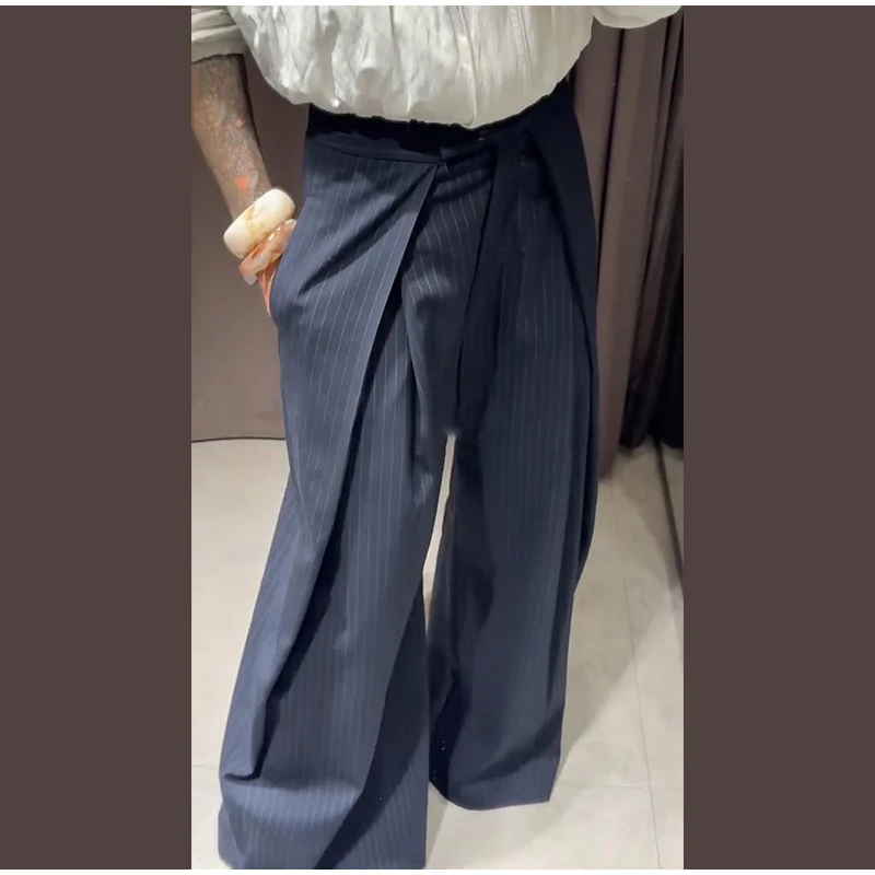 Women's Oversized Pinstripe Wide Leg Pants Vintage High Waist Wrap Front Tailored Baggy Trousers 2025 New Casual Chic Streetwear