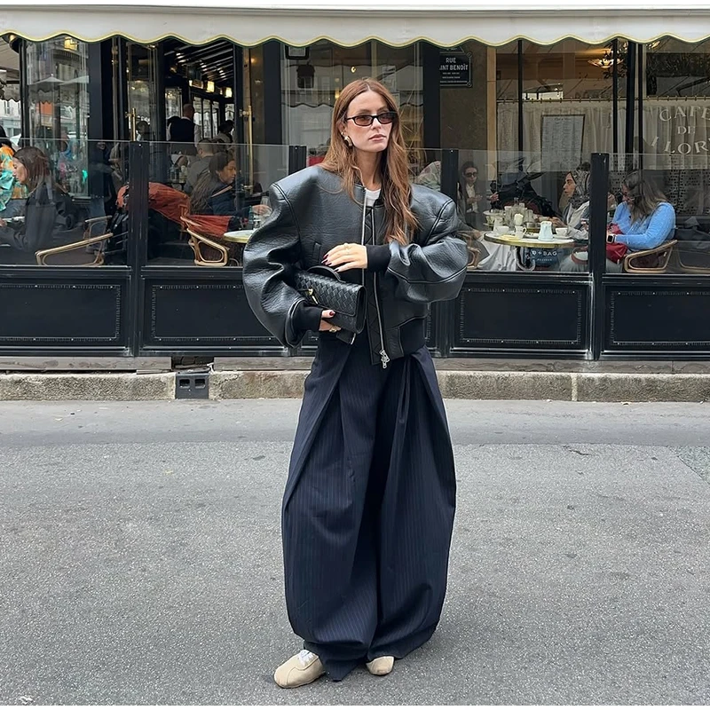 Women's Oversized Pinstripe Wide Leg Pants Vintage High Waist Wrap Front Tailored Baggy Trousers 2025 New Casual Chic Streetwear