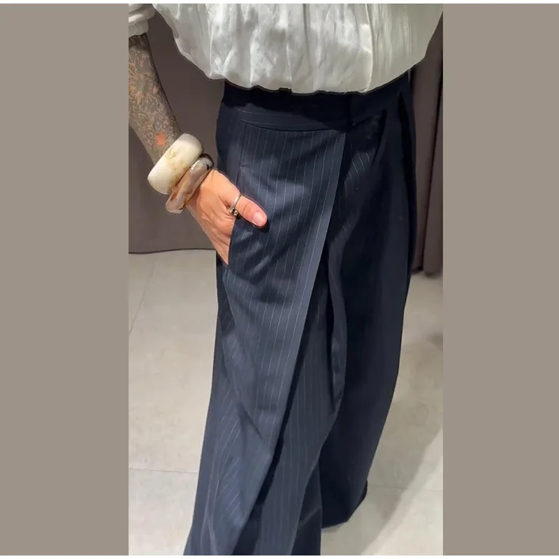 Women's Oversized Pinstripe Wide Leg Pants Vintage High Waist Wrap Front Tailored Baggy Trousers 2025 New Casual Chic Streetwear
