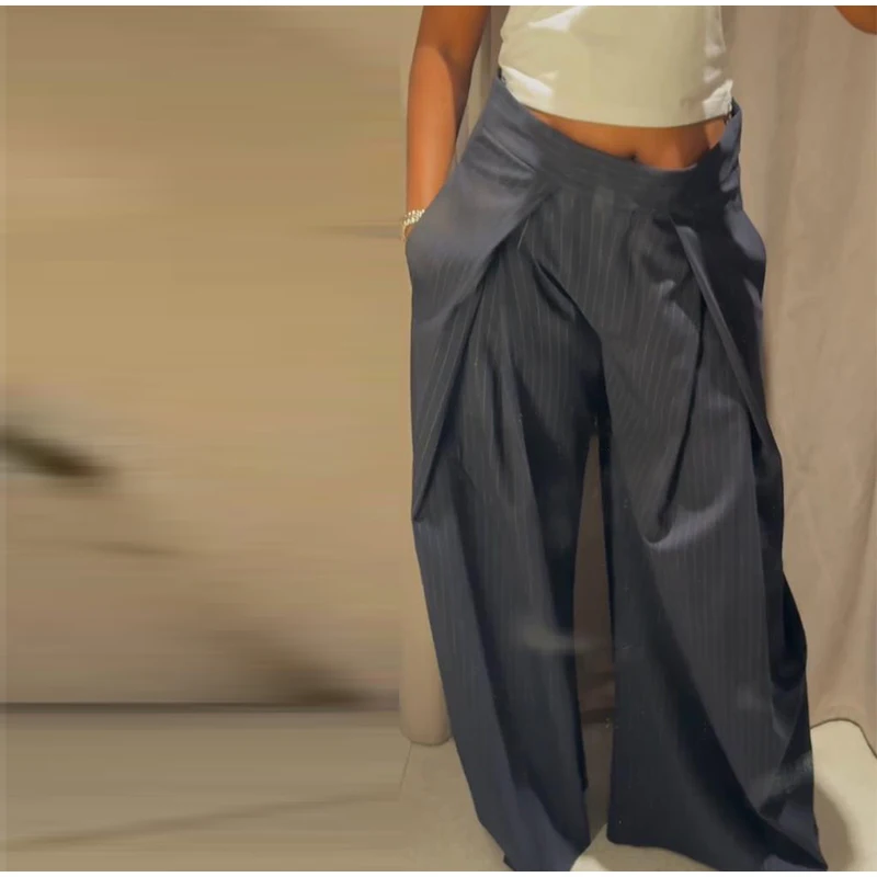 Women's Oversized Pinstripe Wide Leg Pants Vintage High Waist Wrap Front Tailored Baggy Trousers 2025 New Casual Chic Streetwear