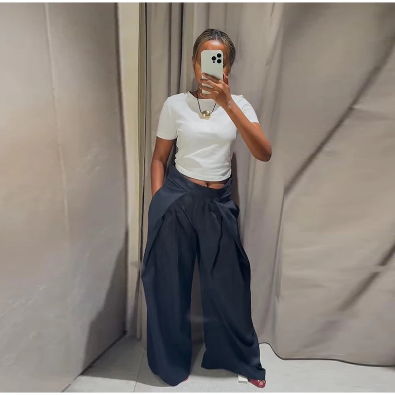 Women's Oversized Pinstripe Wide Leg Pants Vintage High Waist Wrap Front Tailored Baggy Trousers 2025 New Casual Chic Streetwear