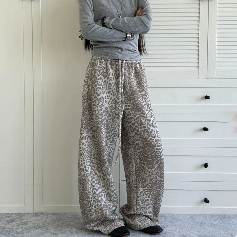 Jmprs Y2K American Leopard Pant Women Hip Hop High Waist Streetwear Retro Trousers Harajuku Fall Winter Casual Bf Lace Up Pants