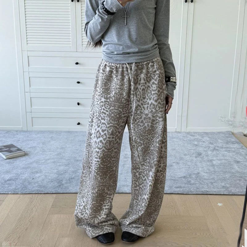 Jmprs Y2K American Leopard Pant Women Hip Hop High Waist Streetwear Retro Trousers Harajuku Fall Winter Casual Bf Lace Up Pants