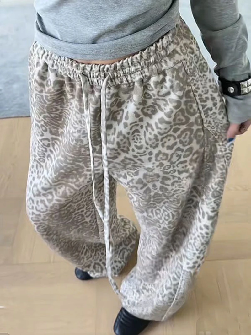 Jmprs Y2K American Leopard Pant Women Hip Hop High Waist Streetwear Retro Trousers Harajuku Fall Winter Casual Bf Lace Up Pants
