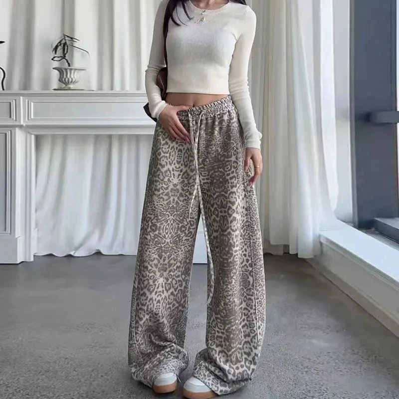 Jmprs Y2K American Leopard Pant Women Hip Hop High Waist Streetwear Retro Trousers Harajuku Fall Winter Casual Bf Lace Up Pants