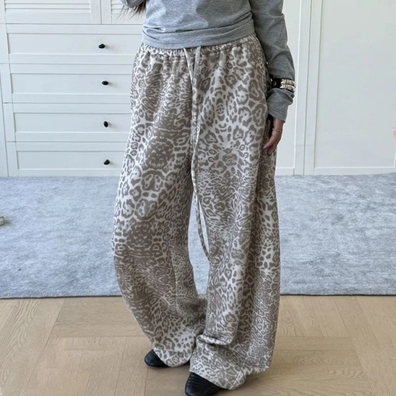 Jmprs Y2K American Leopard Pant Women Hip Hop High Waist Streetwear Retro Trousers Harajuku Fall Winter Casual Bf Lace Up Pants