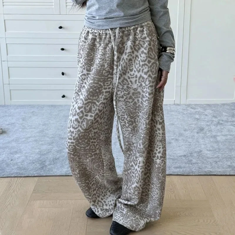 Jmprs Y2K American Leopard Pant Women Hip Hop High Waist Streetwear Retro Trousers Harajuku Fall Winter Casual Bf Lace Up Pants