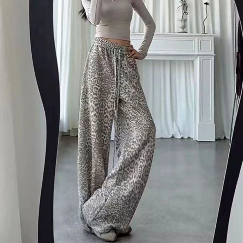 Jmprs Y2K American Leopard Pant Women Hip Hop High Waist Streetwear Retro Trousers Harajuku Fall Winter Casual Bf Lace Up Pants