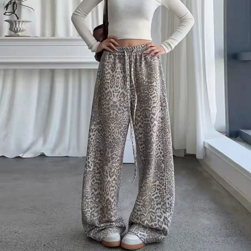 Jmprs Y2K American Leopard Pant Women Hip Hop High Waist Streetwear Retro Trousers Harajuku Fall Winter Casual Bf Lace Up Pants