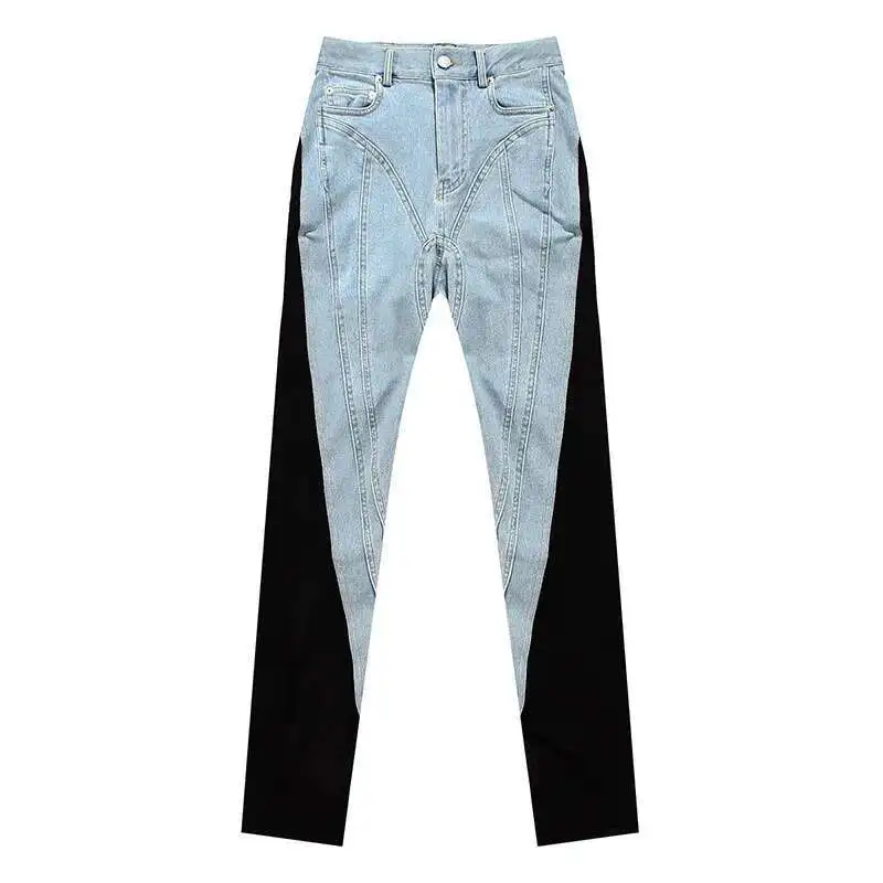 DEAT Fashion Women's Jeans New High Waist Slim Contract Color Patchwork Denim Pencil Pants Female Streetwear Autumn 2025 WT052