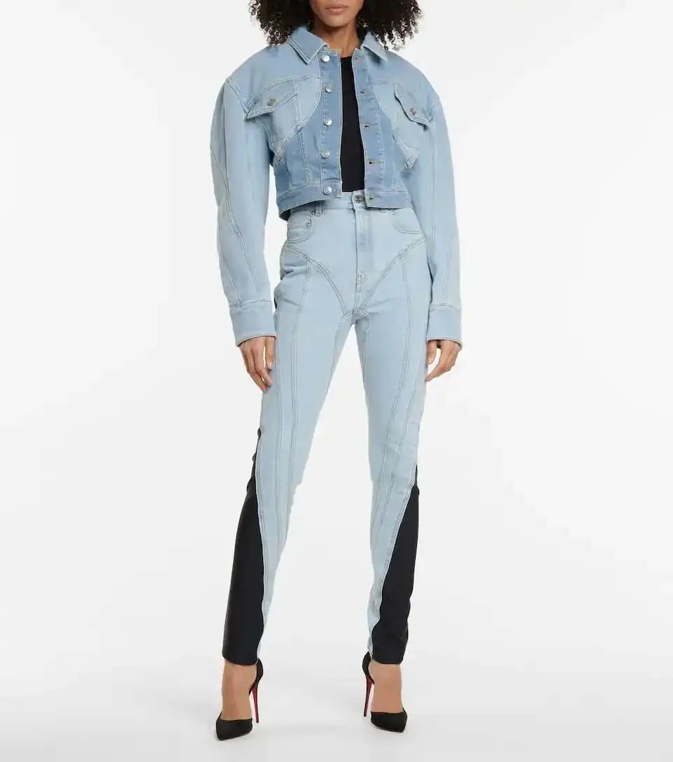 DEAT Fashion Women's Jeans New High Waist Slim Contract Color Patchwork Denim Pencil Pants Female Streetwear Autumn 2025 WT052