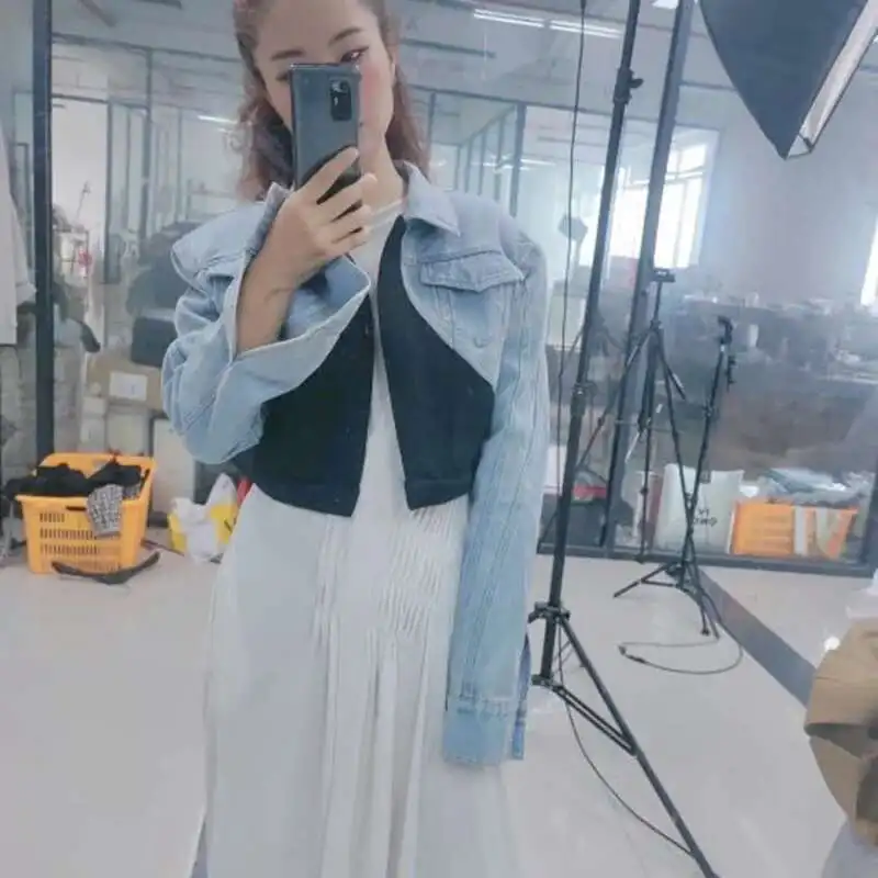 DEAT Fashion Women's Jeans New High Waist Slim Contract Color Patchwork Denim Pencil Pants Female Streetwear Autumn 2025 WT052