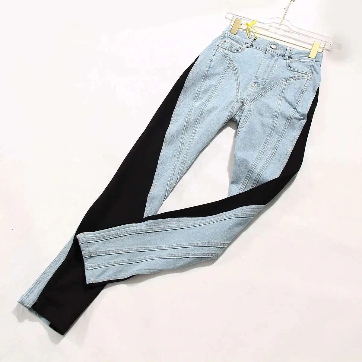 DEAT Fashion Women's Jeans New High Waist Slim Contract Color Patchwork Denim Pencil Pants Female Streetwear Autumn 2025 WT052
