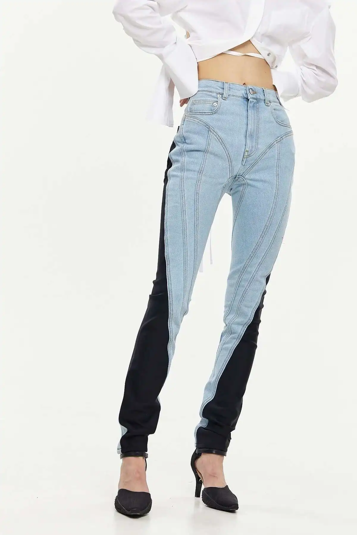 DEAT Fashion Women's Jeans New High Waist Slim Contract Color Patchwork Denim Pencil Pants Female Streetwear Autumn 2025 WT052